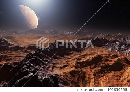 Surface of unknown planet with craters and mountains. Generative AI 101839566
