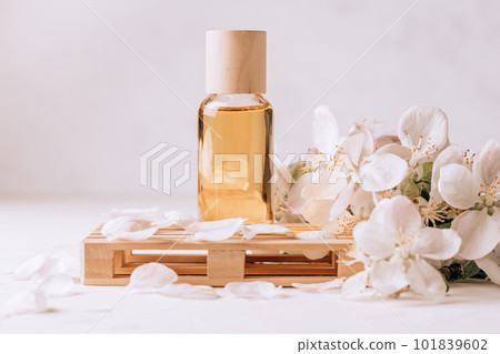 Cosmetic, aroma or massage oil on wooden podium in form of pallet, on light plaster surface with apple flowers 101839602
