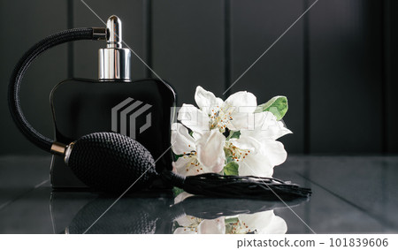 Black bottle of eau de toilette or perfume with tassel spray pomp stands on dark reflective surface with apple blossom 101839606