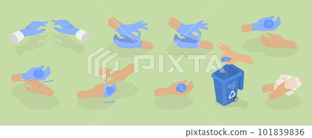 3D Isometric Flat Vector Conceptual Illustration of How To Remove Disposable Gloves 101839836