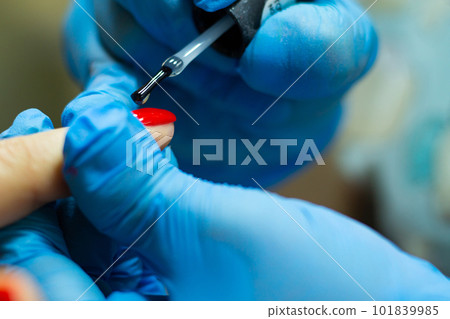A manicurist in blue gloves covers the nails with a long-lasting red gel polish. 101839985