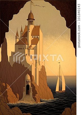 A Lonely old Castle On a White Cliff in Sea, Cycladic Castle, Fabulous Citadel, Abstract Generative AI Illustration 101840143