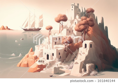 A Lonely old Castle On a White Cliff in Sea, Cycladic Castle, Fabulous Citadel, Abstract Generative AI Illustration A Lonely old Castle On a White Cliff in Sea, Cycladic Castle, Fabulous Citadel, Abstract Generative AI Illustration 101840144