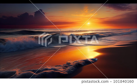 Early Morning Beach, Red Ocean, Sea Sunrise, Sunset Landscape, Abstract Generative AI Illustration 101840160