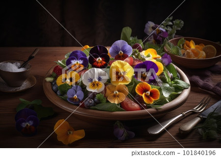Flower Salad, Edible Flowers Dish, Pansy Salat, Abstract Generative AI Illustration Flower Salad, Edible Flowers Dish, Pansy Salat, Abstract Generative AI Illustration 101840196