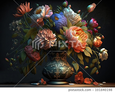 Flower Still Life Bouquet in Vintage Vase, Ancient Dutch Masters Imitation, Abstract Generative AI Illustration Flower Still Life Bouquet in Vintage Vase, Ancient Dutch Masters Imitation, Abstract Generative AI Illustration 101840198