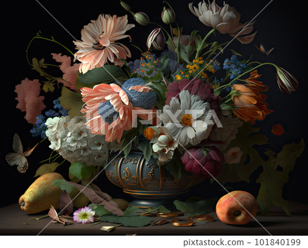 Flower Still Life Bouquet in Vintage Vase, Ancient Dutch Masters Imitation, Abstract Generative AI Illustration Flower Still Life Bouquet in Vintage Vase, Ancient Dutch Masters Imitation, Abstract Generative AI Illustration 101840199