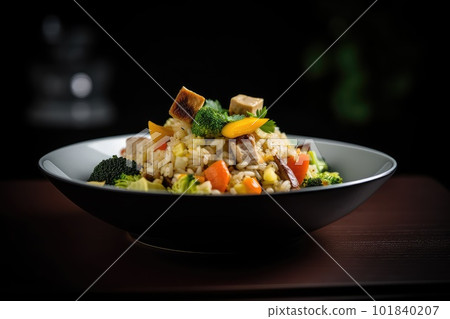Fried Rice with Chicken Meat, Diced Tofu, Fried Vegetable Rice, Abstract Generative AI Illustration 101840207