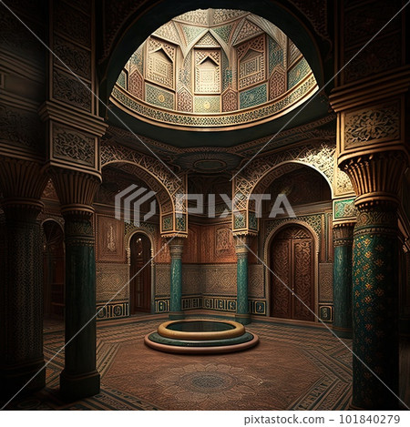 Arab Palace, Harem, Grand Hamam, Hotel, Luxurious Oriental Interiors, Abstract Generative AI Illustration 101840279