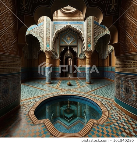 Arab Palace, Harem, Grand Hamam, Hotel, Luxurious Oriental Interiors, Abstract Generative AI Illustration 101840280