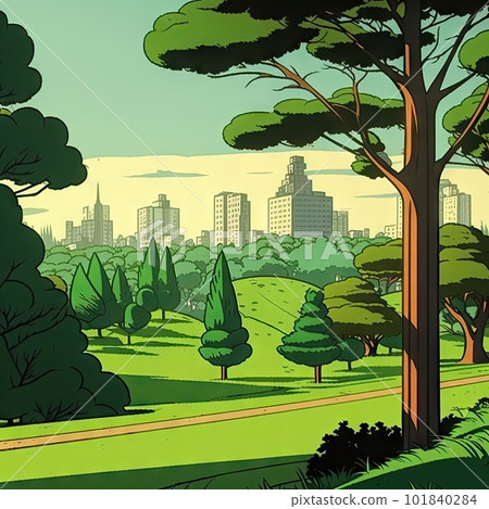 City Park, Green Summer Landscape, Urban Park, Abstract Generative AI Illustration 101840284