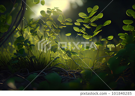 Green Foliage, Summer Forest Tunnel, Path in Dense Vegetation, Abstract Generative AI Illustration 101840285