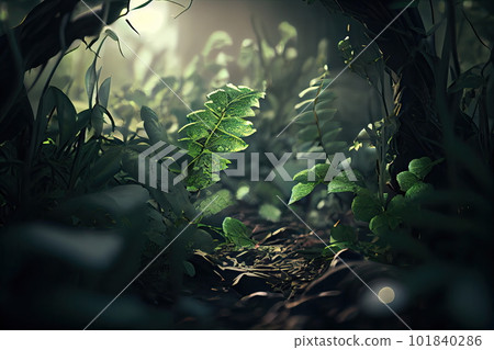Green Foliage, Summer Forest Tunnel, Path in Dense Vegetation, Abstract Generative AI Illustration Green Foliage, Summer Forest Tunnel, Path in Dense Vegetation, Abstract Generative AI Illustration 101840286