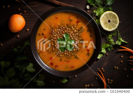 Lentils Soup, Lentil Meal in Bowl, Red Tomato Creamy Lentils Soup, Abstract Generative AI Illustration 101840400