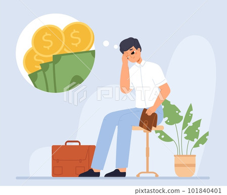 Desperate office man and financial problem. Business loans, young adult businessman think about money with empty wallet, snugly cartoon vector character 101840401