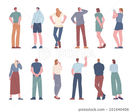 Crowd back stand people, flat standing human group. Workers different, rear view on women and men. Isolated behind adults kicky vector set 101840406