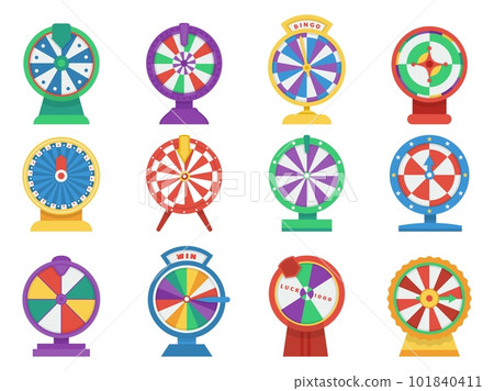 Casino roulette icons. Flat wheels gaming, spin lucky wheel isolated elements. Online gambling symbols, decent vector graphic lucky signs 101840411