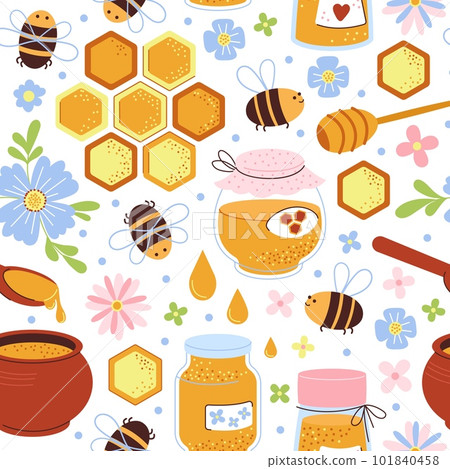 Honey sweet seamless pattern. Bee on meadow, beekeeping. Natural dessert in spoon, flying insects. Harvest elements, honeycomb decent vector print 101840458