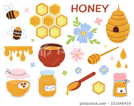 Honey flat elements, beekeeping industry. Jars and liquid caramel syrup, honeycombs and bee. Organic farm fresh food and floral decent vector set 101840459