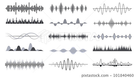 Radio music waves designs, analog audio signal. Track or sound, musical wave vibrations. Voice recognition digital monochrome decent vector symbols Radio music waves designs, analog audio signal. Track or sound, musical wave vibrations. Voice recognition digital monochrome decent vector symbols 101840460