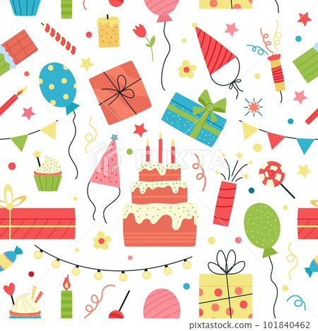 Party birthday seamless pattern. Festive cake, confetti and balloons. Kids cartival, festive anniversary print. Bright celebrate decent vector background Party birthday seamless pattern. Festive cake, confetti and balloons. Kids cartival, festive anniversary print. Bright celebrate decent vector background 101840462