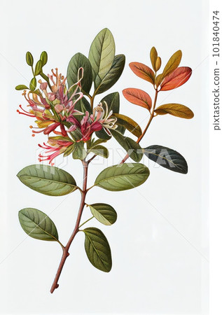 Lonicera Periclymenum Botanical Illustration, Honeysuckles, Abstract Generative AI Illustration 101840474
