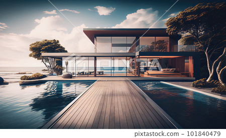 Luxury Wood Terrace, Wood Architecture, Modern Eco Hotel Drawing Imitation, Abstract Generative AI Illustration Luxury Wood Terrace, Wood Architecture, Modern Eco Hotel Drawing Imitation, Abstract Generative AI Illustration 101840479