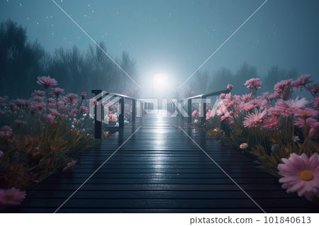 Flower wonderland with a boardwalk. Foggy background. Generative AI 101840613