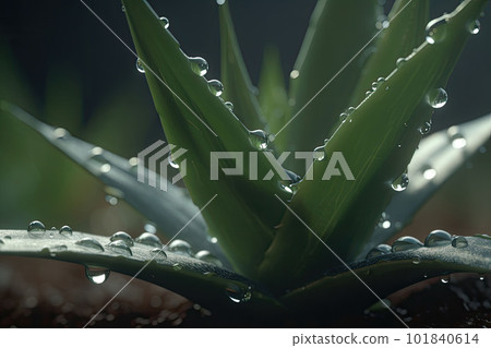 Aloe vera with the rain drops. A close up of green leaves of aloe. Generative AI 101840614