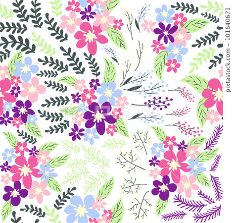 Fantasy seamless floral pattern with blue, pink, purple, red, orange flowers and leaves. Elegant template for fashion Fantasy seamless floral pattern with blue, pink, purple, red, orange flowers and leaves. Elegant template for fashion 101840671