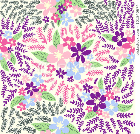 Fantasy seamless floral pattern with blue, pink, purple, red, orange flowers and leaves. Elegant template for fashion 101840674