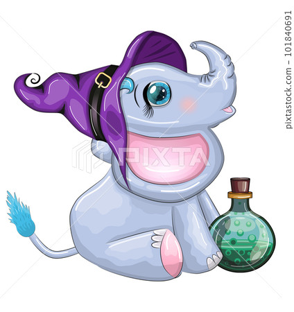 Cute cartoon elephant, childish character in wizard hat with pumpkin, potion or broom, halloween 101840691