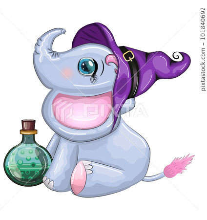 Cute cartoon elephant, childish character in wizard hat with pumpkin, potion or broom, halloween Cute cartoon elephant, childish character in wizard hat with pumpkin, potion or broom, halloween 101840692