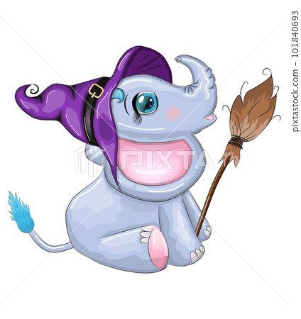 Cute cartoon elephant, childish character in wizard hat with pumpkin, potion or broom, halloween Cute cartoon elephant, childish character in wizard hat with pumpkin, potion or broom, halloween 101840693