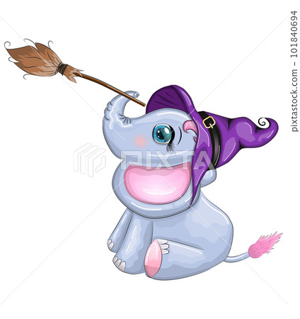 Cute cartoon elephant, childish character in wizard hat with pumpkin, potion or broom, halloween Cute cartoon elephant, childish character in wizard hat with pumpkin, potion or broom, halloween 101840694