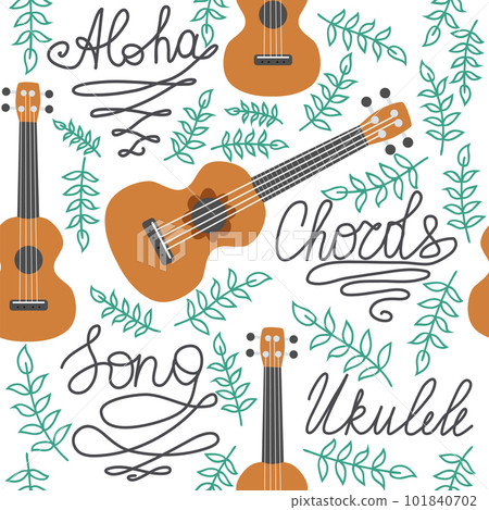 Ukulele seamless pattern, ukulele. Pattern with monstera, leaves, flowers, notes, inscriptions Ukulele seamless pattern, ukulele. Pattern with monstera, leaves, flowers, notes, inscriptions 101840702