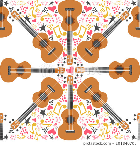 Ukulele seamless pattern, ukulele. Pattern with monstera, leaves, flowers, notes, inscriptions Ukulele seamless pattern, ukulele. Pattern with monstera, leaves, flowers, notes, inscriptions 101840703