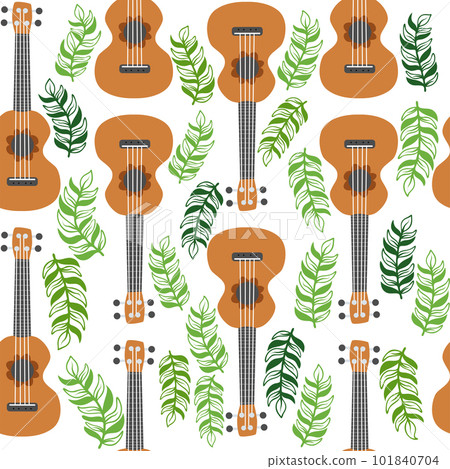 Ukulele seamless pattern, ukulele. Pattern with monstera, leaves, flowers, notes, inscriptions Ukulele seamless pattern, ukulele. Pattern with monstera, leaves, flowers, notes, inscriptions 101840704