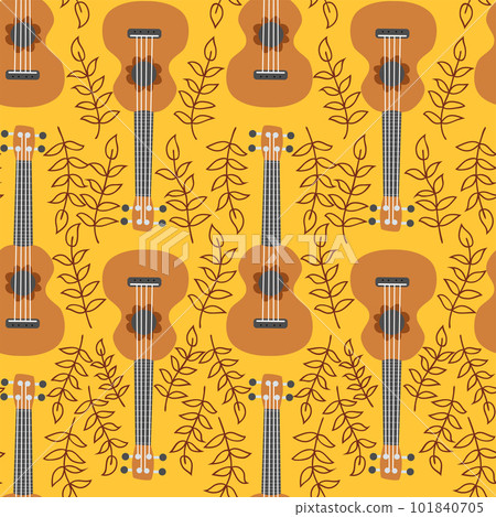 Ukulele seamless pattern, ukulele. Pattern with monstera, leaves, flowers, notes, inscriptions Ukulele seamless pattern, ukulele. Pattern with monstera, leaves, flowers, notes, inscriptions 101840705