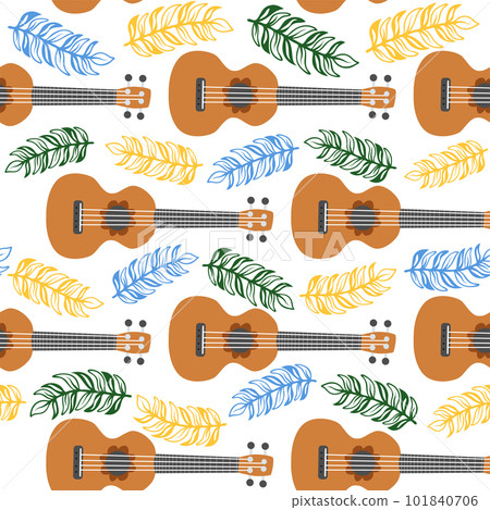 Ukulele seamless pattern, ukulele. Pattern with monstera, leaves, flowers, notes, inscriptions Ukulele seamless pattern, ukulele. Pattern with monstera, leaves, flowers, notes, inscriptions 101840706