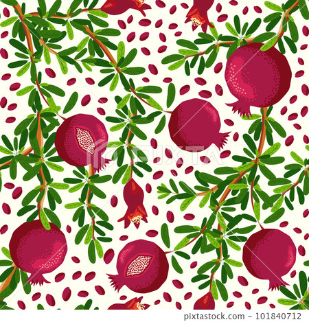 Pomegranate branches with fruits and flowers Seamless pattern. Bright leaves and fruits. Jewish New Year Pomegranate branches with fruits and flowers Seamless pattern. Bright leaves and fruits. Jewish New Year 101840712