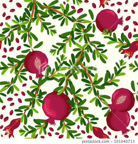 Pomegranate branches with fruits and flowers Seamless pattern. Bright leaves and fruits. Jewish New Year Pomegranate branches with fruits and flowers Seamless pattern. Bright leaves and fruits. Jewish New Year 101840713