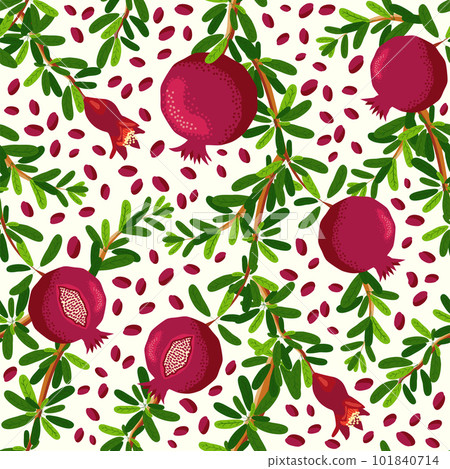 Pomegranate branches with fruits and flowers Seamless pattern. Bright leaves and fruits. Jewish New Year Pomegranate branches with fruits and flowers Seamless pattern. Bright leaves and fruits. Jewish New Year 101840714