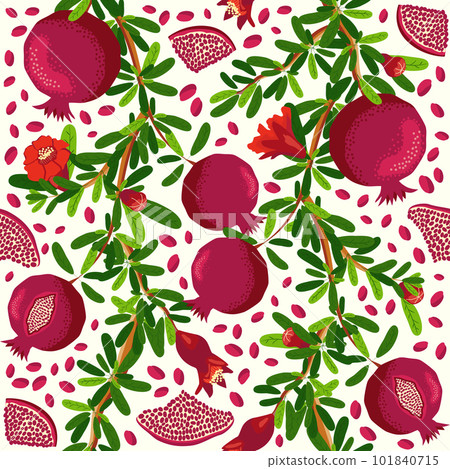 Pomegranate branches with fruits and flowers Seamless pattern. Bright leaves and fruits. Jewish New Year Pomegranate branches with fruits and flowers Seamless pattern. Bright leaves and fruits. Jewish New Year 101840715