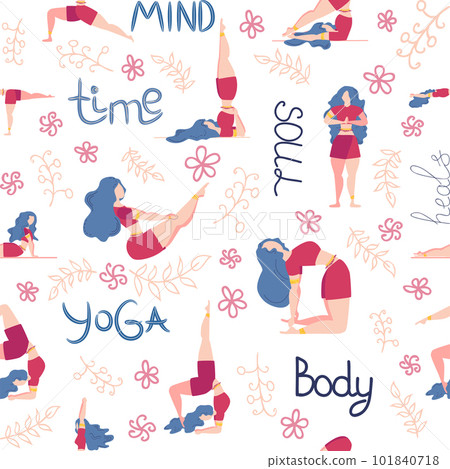Yoga seamless pattern woman is engaged. Yoga poses, lotus, monstera. Health of mind and body 101840718