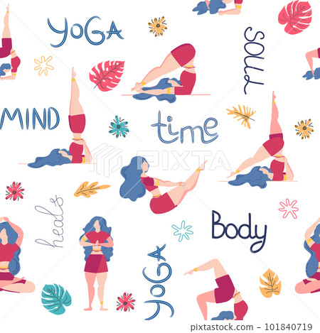 Yoga seamless pattern woman is engaged. Yoga poses, lotus, monstera. Health of mind and body 101840719