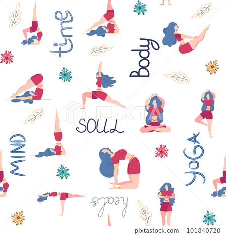Yoga seamless pattern woman is engaged. Yoga poses, lotus, monstera. Health of mind and body Yoga seamless pattern woman is engaged. Yoga poses, lotus, monstera. Health of mind and body 101840720