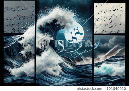 Ocean Music Collage, Storm Melody, Sea Waves Sounds, Abstract Generative AI Illustration 101840910