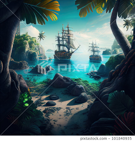 Pirate Ship Island View, Wooden Ancient Frigate, Mediterranean Piracy Drawing Imitation, Abstract Generative AI Illustration 101840935