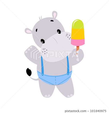 Cute Hippo Character Standing with Sweet Popsicle on Stick Vector Illustration 101840975